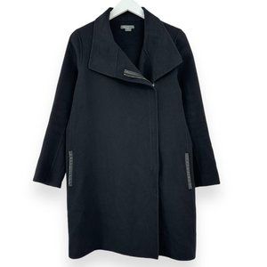 VINCE Black Genuine Leather Trimmed Oversized Relaxed Loose Fit Wool Coat sz S